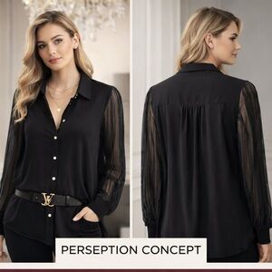 Perseption Concep, Black Button Blouse Pleated Sheer Mesh Sleeves Size L EUC Top